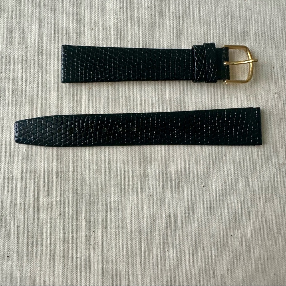 NWOT Authentic Lizard-Calf Leather Black Pebbled Gilden Watchband w Gold, XL 19